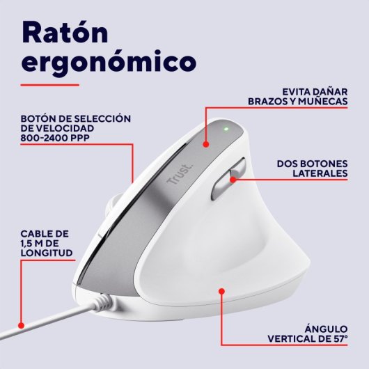 Ratón Trust Bayo II con cable 2400 DPI vertical ergonómico clics silenciosos 6 botones blanco