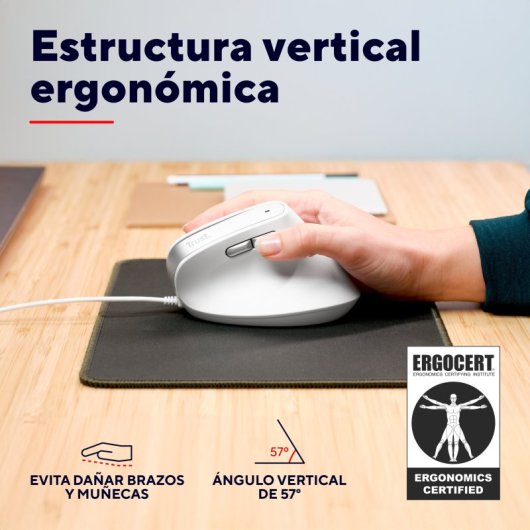 Ratón Trust Bayo II con cable 2400 DPI vertical ergonómico clics silenciosos 6 botones blanco