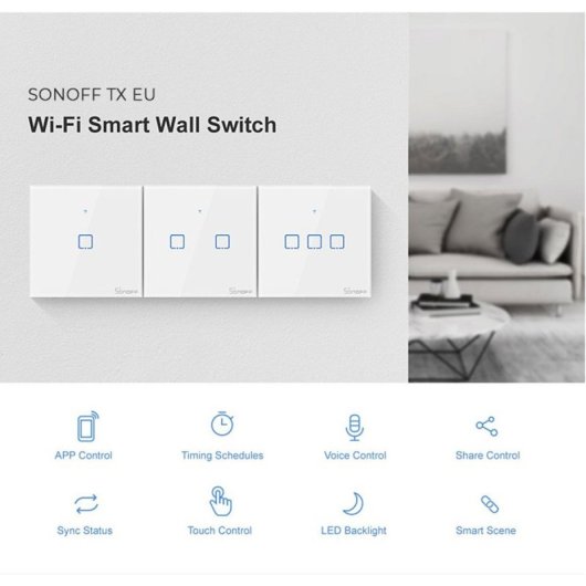 Interruptor inteligente Sonoff T2EU2C-RF doble canal RF433MHz, táctil cristal, Alexa/Google