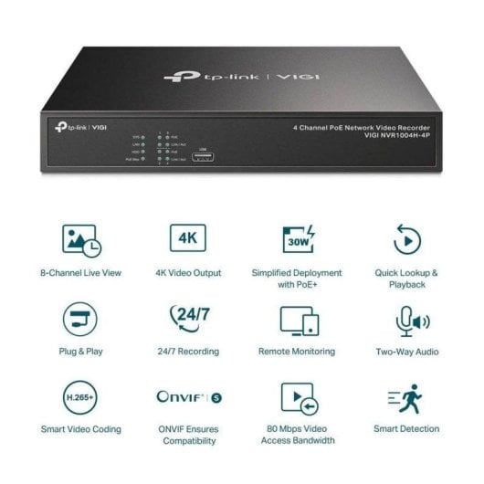 NVR-Recorder für IP-Kamera TP-Link VIGI NVR1004H-4P 4 Kanäle 4K 10TB HDD PoE-Ethernet