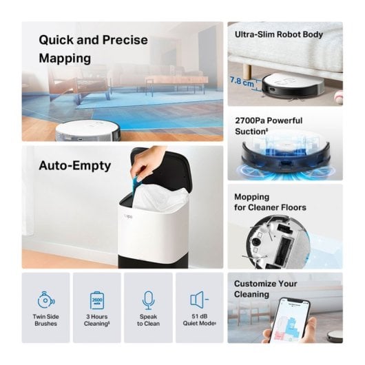 Robot Aspirador TP-Link Tapo RV20 Mop Plus Com Base Autolimpeza, Mopa e Escova Dupla