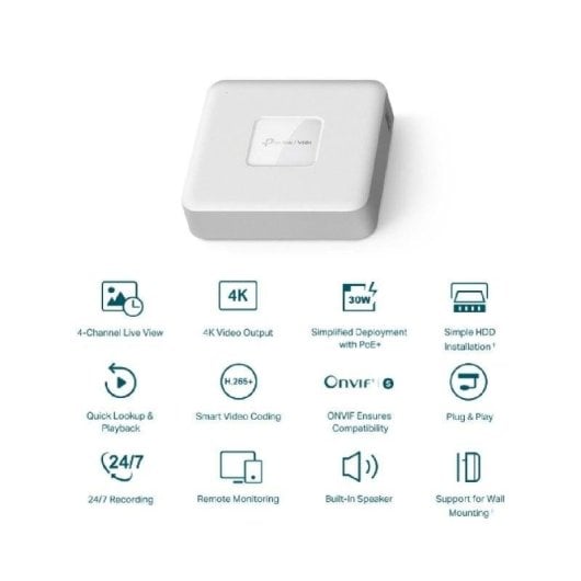 Enregistreur NVR pour Caméra IP TP-Link VIGI NVR1104H-4P 4 canaux 8MP 1 baie HDD PoE Ethernet