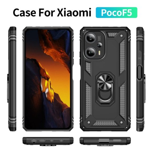 Custodia magnetica digitale Max Power per Xiaomi Poco F5 5G con anello rotante, nera