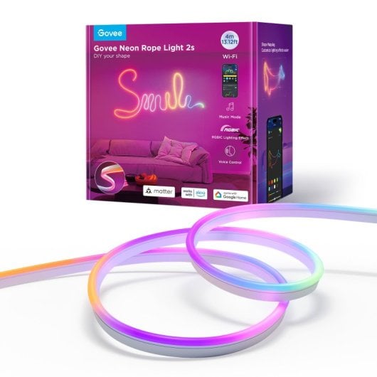 Tira LED Govee Neon Rope Light 2 4m RGBIC, Control App, Matter, Clips Flexibles