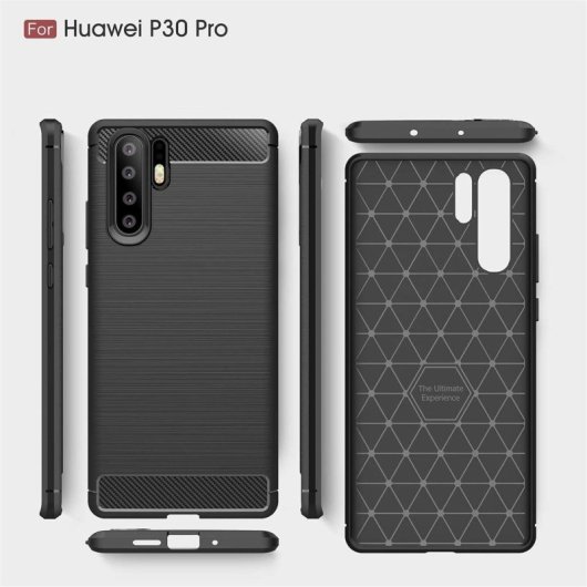 Custodia Max Power Digital in fibra di carbonio per Huawei P30 Pro, in silicone nero antiurto.