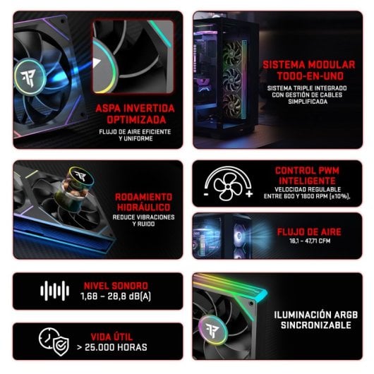 Tempest TX Pack 3x 120mm ARGB PWM Ventiladores Reversos Suplementarios Interconectables Negro