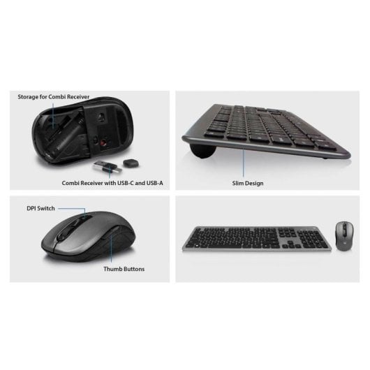 Teclado sem fios Ewent EW3259 Layout PT + membrana, teclas silenciosas e rato USB-C/A de 1600 DPI