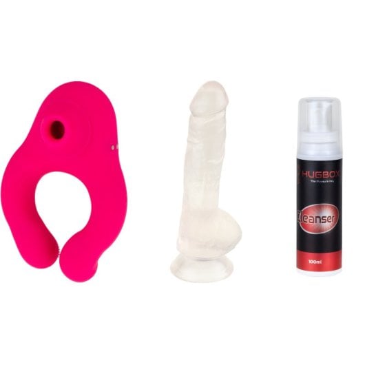 Set Erótico Hugbox Deluxe Estimulador Clítoris Consolador M Silicona Limpieza 2 Años Garantía