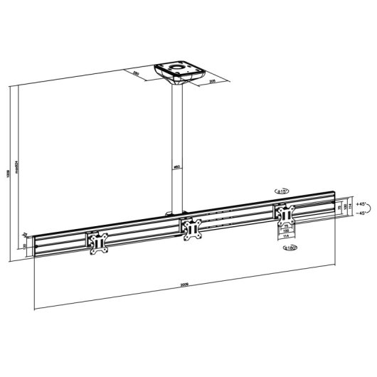 Soporte de Techo Kimex 031-4332K1 para 3 Pantallas 32? VESA 100x100 Ajustable Gris/Negro