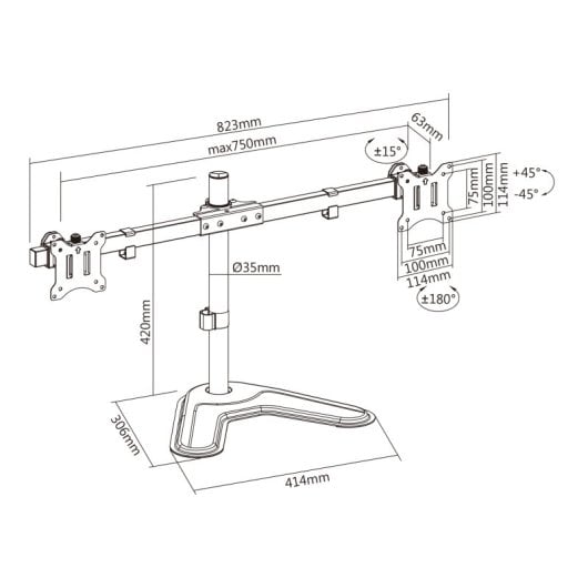 Support d'écran noir Kimex 015-1151 pour 2 écrans 17-32 pouces VESA 75x75/100x100