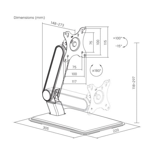 Soporte monitor Kimex 015-1511 sobremesa VESA 75x75/100x100 inclinación +100°/-15° hasta 8kg negro