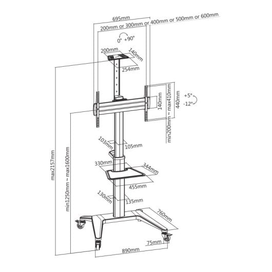 Kimex 030-1202 Supporto mobile per schermi da 37-70", altezza regolabile, 70 kg, ruote, nero