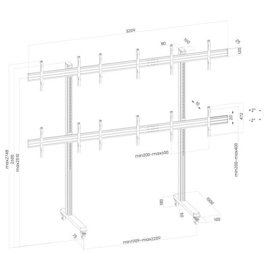 Support mural vidéo Kimex 031-2602K2 pour 6 écrans 50-55 pouces VESA, roulettes à réglage complet
