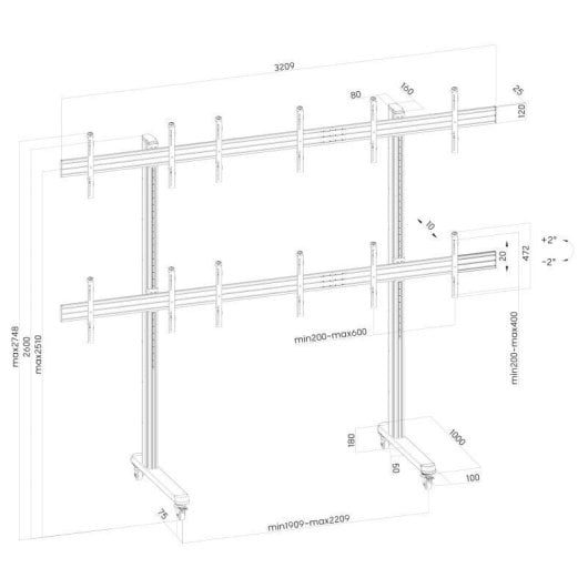 Kimex 031-2602K2 Suporte Videowall Móvel 6 Ecrãs 50 a 55" VESA 200x200 a 600x400 Máx 300Kg