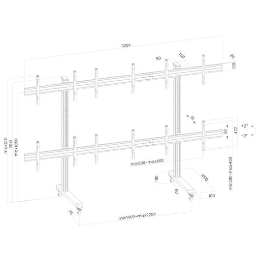 Support mural vidéo Kimex 031-2601K2 pour 6 écrans 45-50 pouces, roulettes réglables en hauteur, charge VESA 300 kg