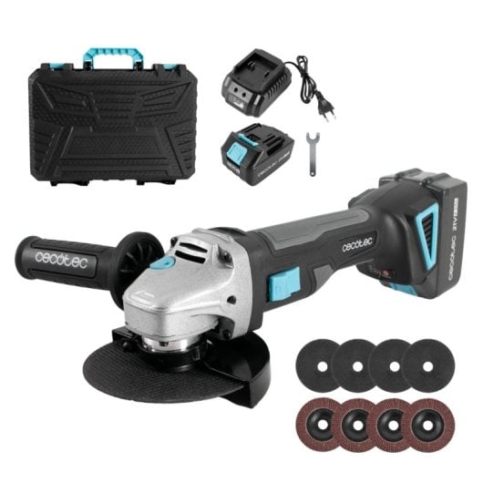 Amoladora Cecotec RadialPower 2120 Freemove Brushless 21V 900W 125mm Kit 8 Discos Maleta