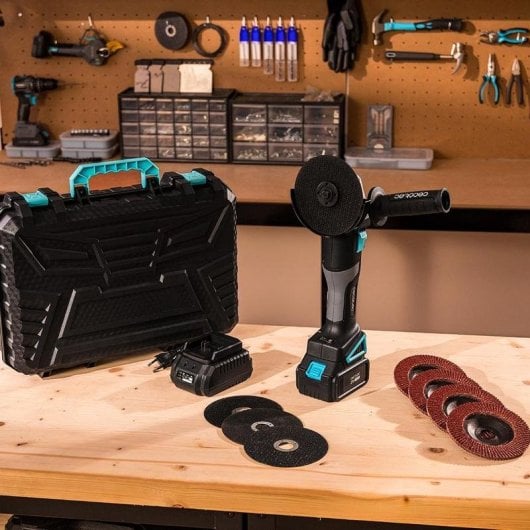 Amoladora Cecotec RadialPower 2120 Freemove Brushless 21V 900W 125mm Kit 8 Discos Maleta