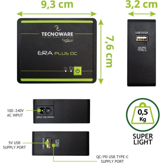 Tecnoware UPS 25W Bateria de Lítio 240 Minutos USB-C/A com Proteção Contra Sobretensão