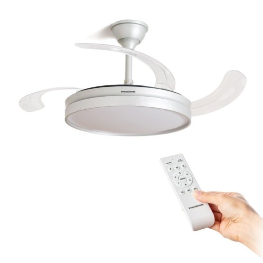 Ventilateur de plafond LED InnovaGoods DC 80 W avec pales rétractables, 6 vitesses, télécommande, blanc
