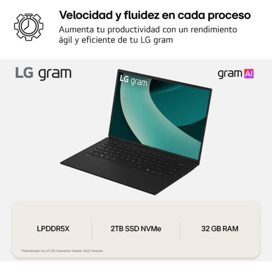Portátil LG gram 16Z90T-G.AD8BB 16" Intel Core Ultra 7 255H 32GB 2TB SSD WQXGA IPS Negro