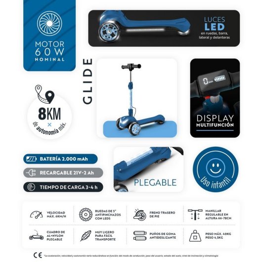 Olsson Patinete eléctrico niño 3 ruedas GLIDE 60W 2000mAh 8km autonomía