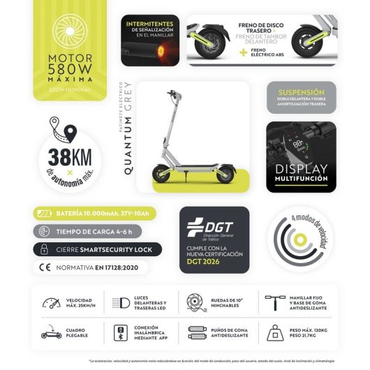 Olsson Patinete eléctrico QUANTUM GREY DGT 2026 Motor 580W 37V 10Ah 38km Autonomía