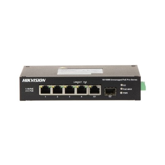 Conmutador PoE Gigabit Hikvision DS-3T0506HP-E/HS 4 Puertos 2 SFP 60W Hi-PoE Fanless