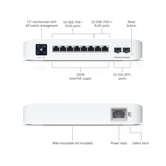 Switch Ubiquiti USW-PRO-8-POE 8 Portas 6 PoE+ 2 PoE++ 2 SFP+ 10 Gbps L2/L3 Gerido