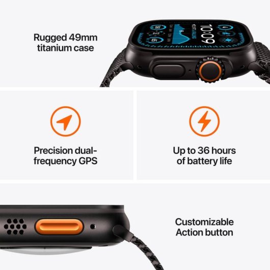 Montre connectée Apple Watch Ultra 2 GPS+Cellular, noir titane, bracelet milanais, 49 mm, 64 Go, robustesse avancée