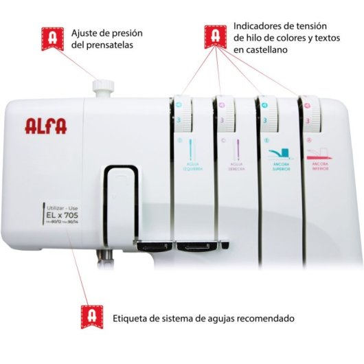 Remalladora Alfa 8707 3/4 Hilos enhebrado fácil, brazo libre, motor 100W, LED, kit agujas
