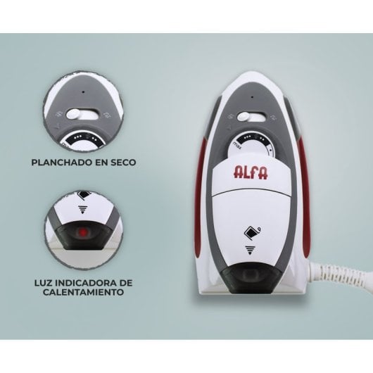 Plancha de viaje Alfa DualVolt suela cerámica 1100W vapor/secado cable 1,9m compacta