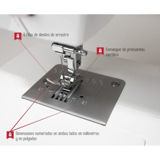 Máquina de coser Alfa Potencia 70W 21 puntadas chasis metálico LED alta estabilidad