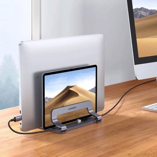 Ugreen 60643 Suporte vertical para portátil em alumínio prateado com dois compartimentos para portáteis até 15.6″