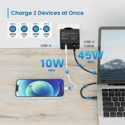 Cargador Ewent EW3979 45W USB-C Power Delivery, USB-A, Carga Rápida, Cable 1.5m Negro