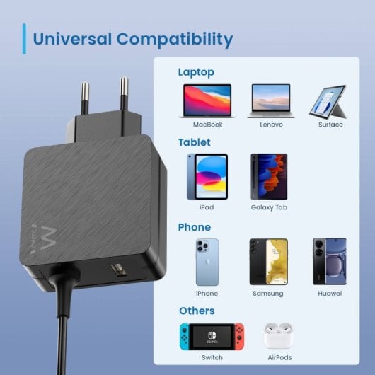 Cargador Ewent EW3979 45W USB-C Power Delivery, USB-A, Carga Rápida, Cable 1.5m Negro