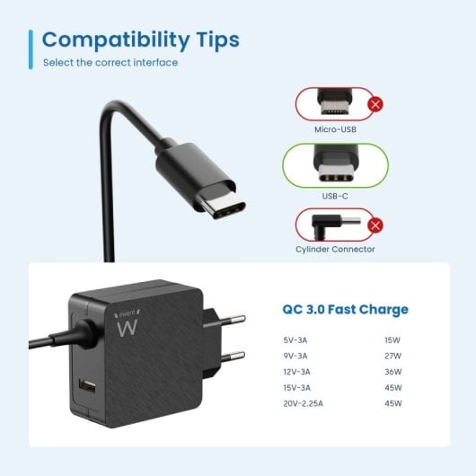 Cargador Ewent EW3979 45W USB-C Power Delivery, USB-A, Carga Rápida, Cable 1.5m Negro