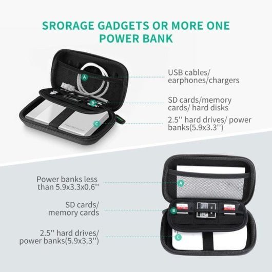 Funda Ugreen LP128 40707 EVA doble capa negra para disco duro 2.5? y power bank 13000mAh