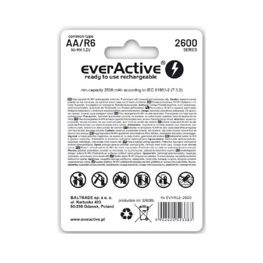 Pila recargable EverActive EVHRL6-2600 AA Ni-MH 2500mAh pack de 4, 1200 ciclos