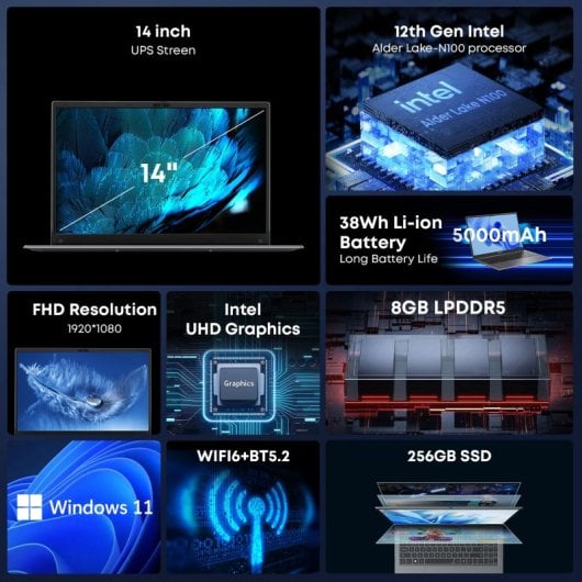 Chuwi Gemibook Xpro Laptop - Processador Intel N100 14.1&quot; Windows 11 8g+256g 5000mah Bateria - Cinza
