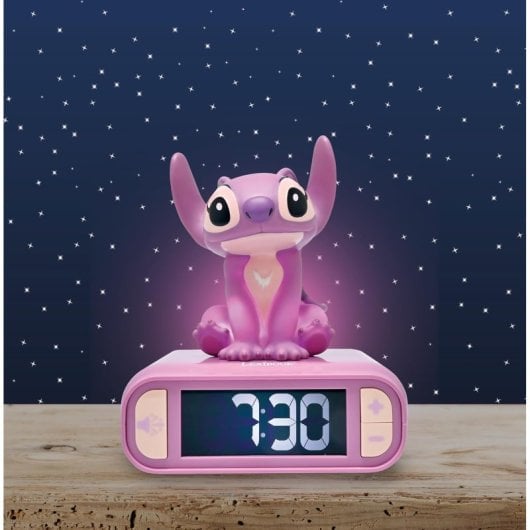 Reloj despertador Disney Ángel pantalla LCD táctil, 6 sonidos Stitch, luz nocturna, pilas AA