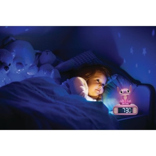 Reloj despertador Disney Ángel pantalla LCD táctil, 6 sonidos Stitch, luz nocturna, pilas AA