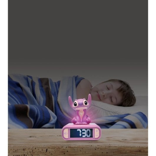 Reloj despertador Disney Ángel pantalla LCD táctil, 6 sonidos Stitch, luz nocturna, pilas AA