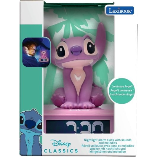 Reloj despertador Disney Ángel pantalla LCD táctil, 6 sonidos Stitch, luz nocturna, pilas AA