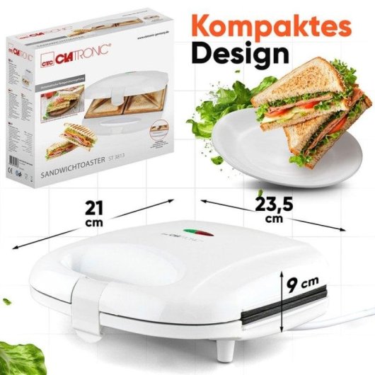 Sandwichière Clatronic ST 3813 Revêtement Antiadhésif 820W 4 Triangles Sécurité Pro