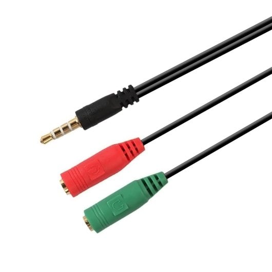 Câble adaptateur audio AISENS : jack 3,5 mm mâle 4 broches vers 2 jacks 3,5 mm femelles 3 broches, 20 cm, cuivre, noir