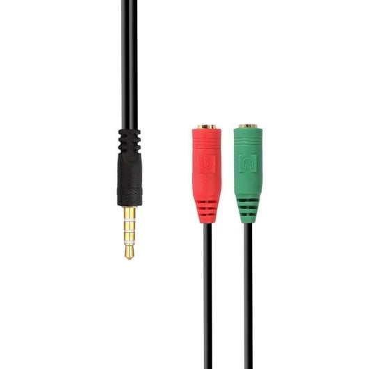 Câble adaptateur audio AISENS : jack 3,5 mm mâle 4 broches vers 2 jacks 3,5 mm femelles 3 broches, 20 cm, cuivre, noir