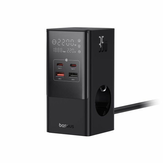 Baseus PowerCombo Torre de Carga com 2xUSB-C, Carregamento Rápido e Proteção Abrangente Preto