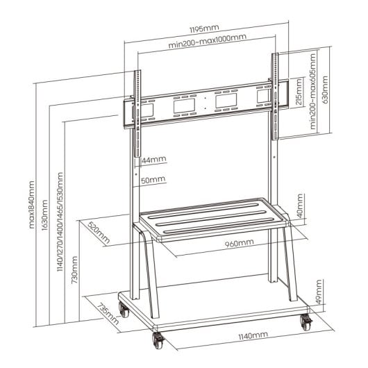 Soporte TV Ewent EW1541 Acero Resistente 150kg Altura Ajustable 4 Ruedas 2 Estantes