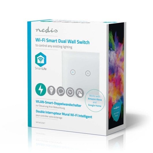 Interrupteur intelligent Wi-Fi Nedis WIFIWS20WT, 2 canaux, 300 W, façade en verre blanc