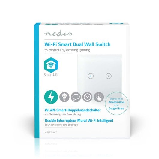 Interrupteur intelligent Wi-Fi Nedis WIFIWS20WT, 2 canaux, 300 W, façade en verre blanc